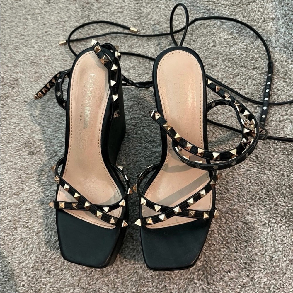 Fashion Nova Black Studded Lace-Up Heeled Sandals valentino look alike
